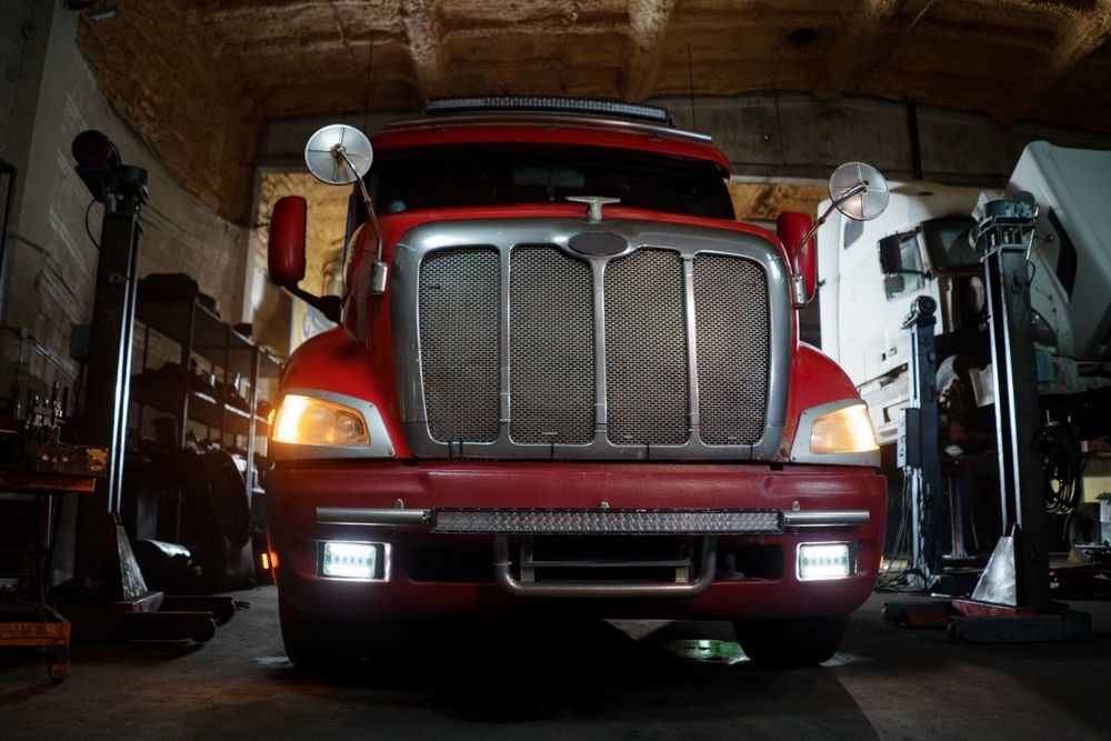 Front view of a heavy truck in the repair bay